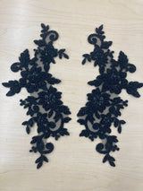 Beaded Corded Floral Lace Applique on Polyester Net Mesh