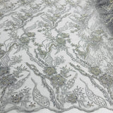 1 Yard Silver Beaded Lace Fabric Embroidered on Polyester Net Mesh for Couture Sewing 50 Inch Width