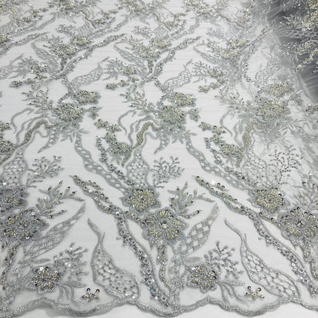 1 Yard Silver Beaded Lace Fabric Embroidered on Polyester Net Mesh for Couture Sewing 50 Inch Width