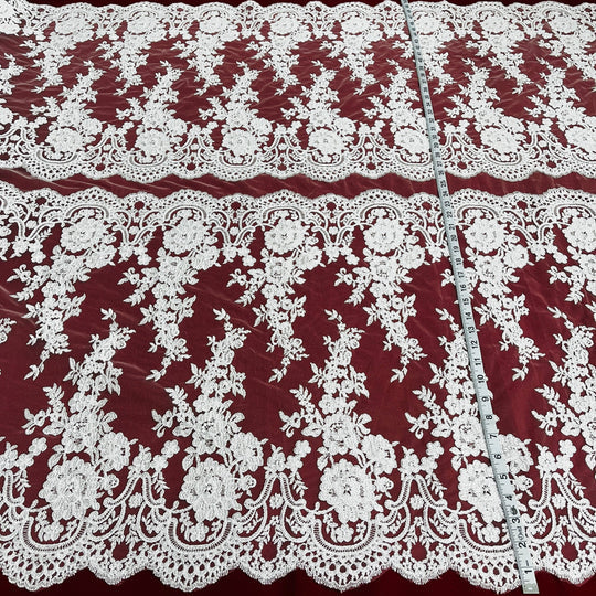 1 Yard Silver Corded Bridal Lace Fabric Embroidered on Polyester Net Mesh Elegant Floral 50 Inch Width