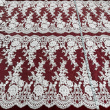 1 Yard Silver Corded Bridal Lace Fabric Embroidered on Polyester Net Mesh Elegant Floral 50 Inch Width