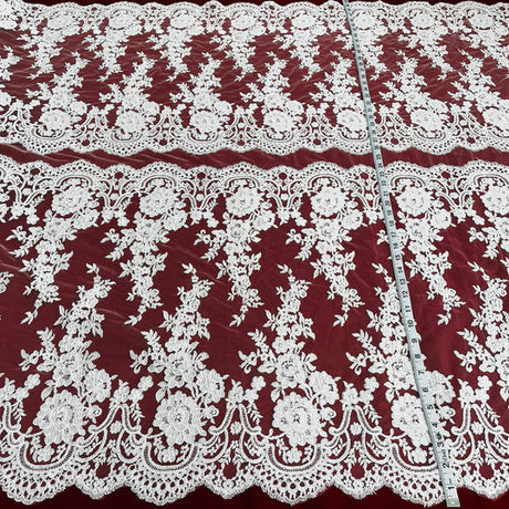 1 Yard Silver Corded Bridal Lace Fabric Embroidered on Polyester Net Mesh Elegant Floral 50 Inch Width