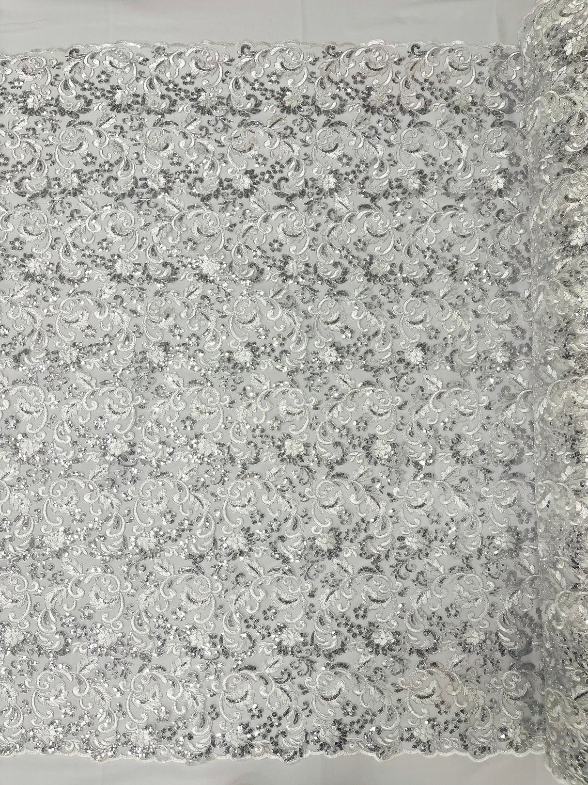 Angela Metallic Corded Lace Fabric - Embroidered Sequins Mesh Lace, Double Scallop Edge, 50-54" Width (1 Yard)
