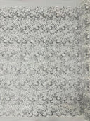 Angela Metallic Corded Lace Fabric - Embroidered Sequins Mesh Lace, Double Scallop Edge, 50-54" Width (1 Yard)