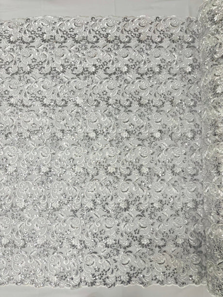 Angela Metallic Corded Lace Fabric - Embroidered Sequins Mesh Lace, Double Scallop Edge, 50-54" Width (1 Yard)