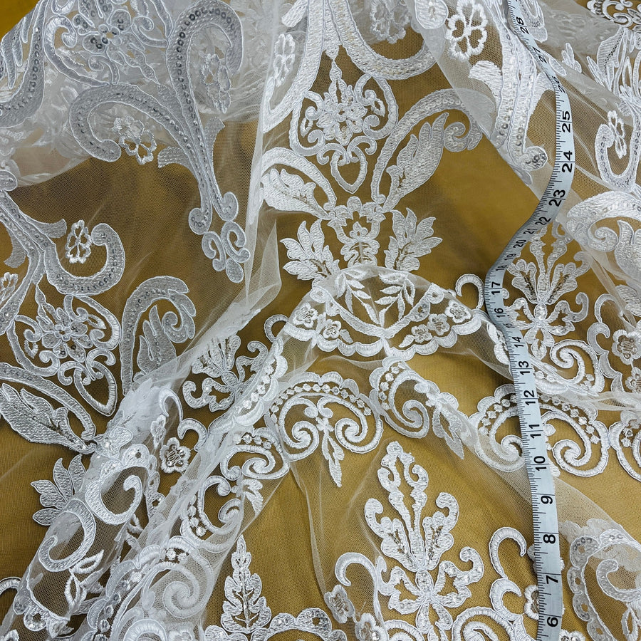1 Yard Ivory with Silver Beaded and Corded Bridal Lace Fabric on Polyester Net Mesh 51 Inch Width