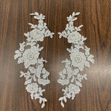 1 Pair 13" x 3" Beaded & Corded Floral Lace Applique on 100% Polyester Net Mesh