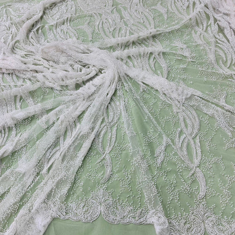 1 Yard Beaded and Corded Bridal Lace Fabric Embroidered on Polyester Net Mesh