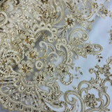 Ethereal Elegance Beaded Corded Bridal Embroidered Lace Polyester Fabric - White, Gold, Ivory, Silver, Rose Gold, 54" Width (1 Yard)