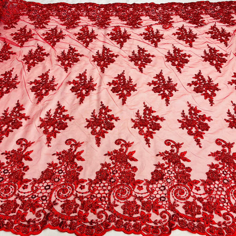 1 Yard Beaded and Corded Bridal Lace Fabric Embroidered on Polyester Net Mesh
