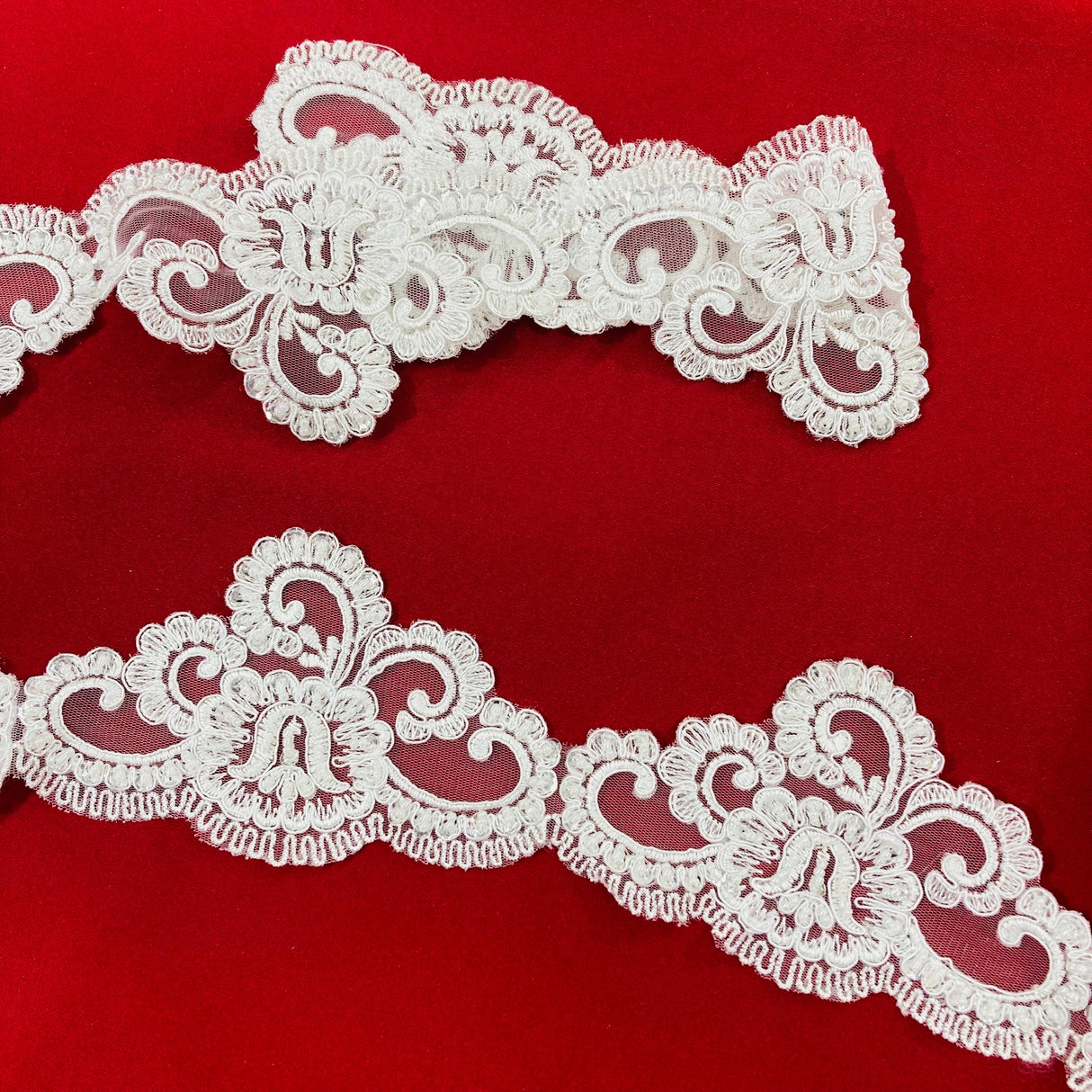 Beaded Corded Lace Trim Ivory Mesh