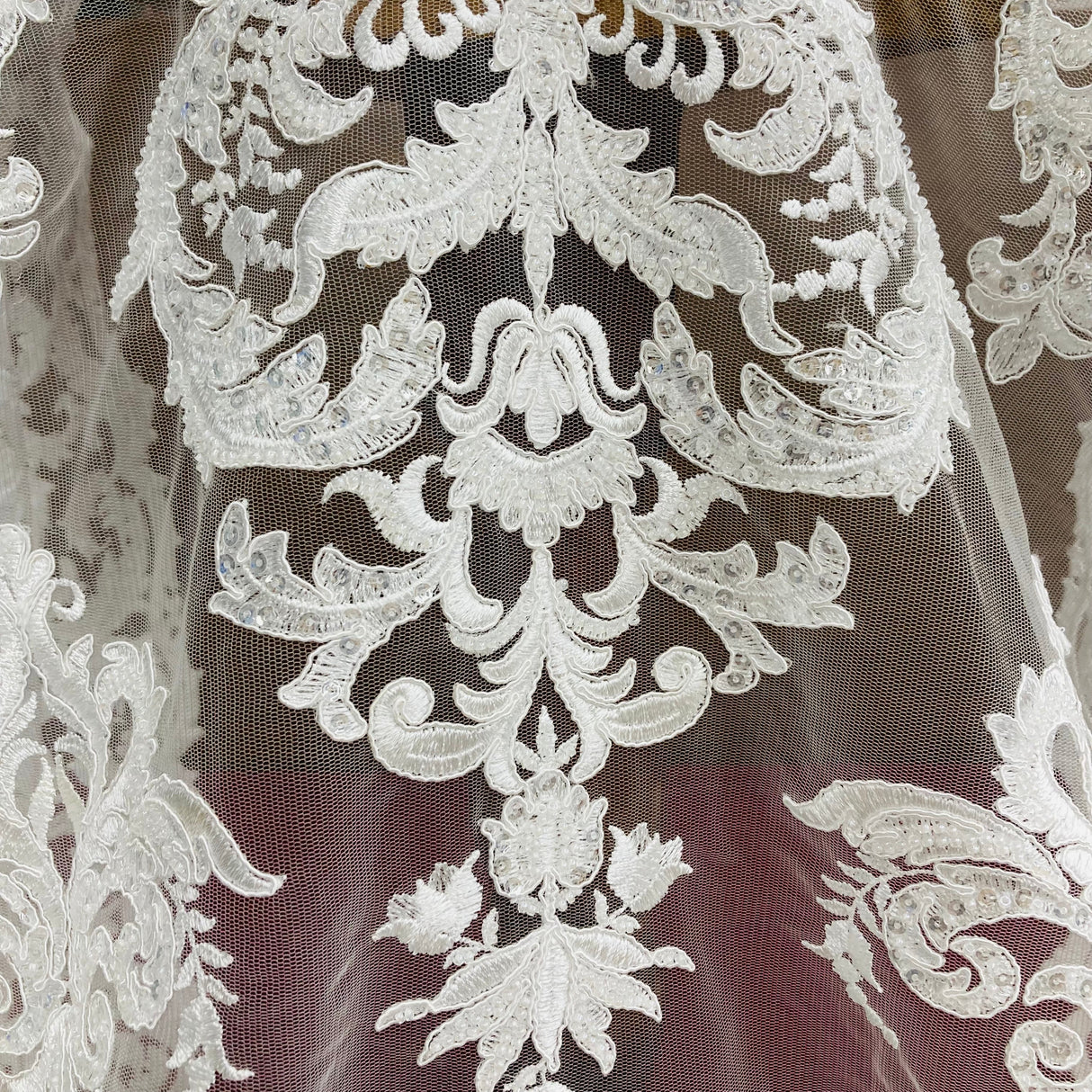 Beaded Corded Lace Fabric Embroidered on 100% Polyester Net Mesh