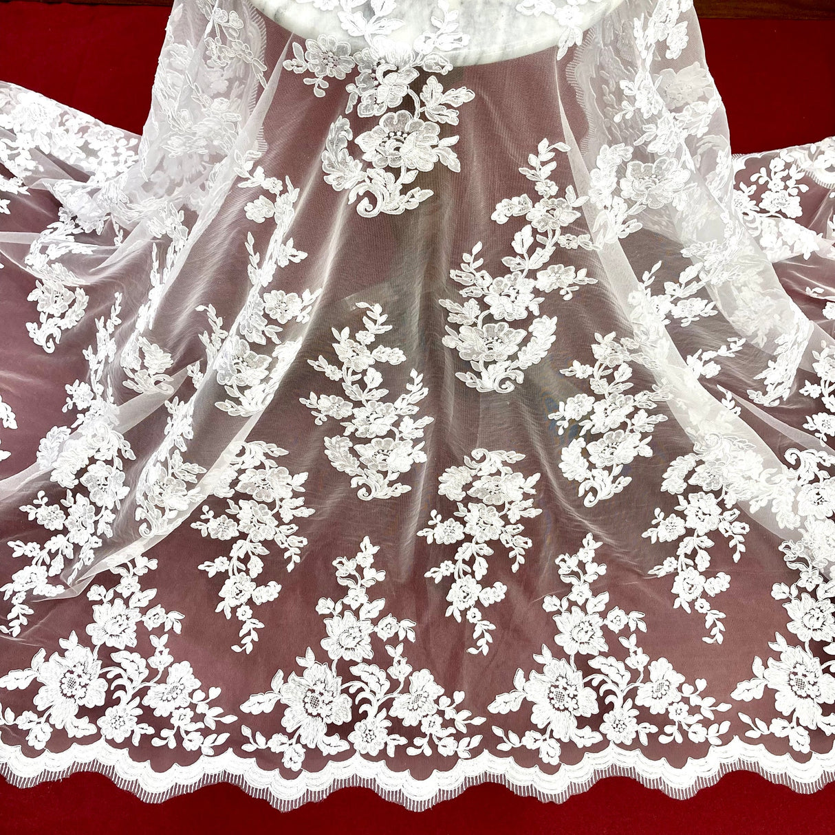 1 Yard Luxurious Corded Bridal Lace Fabric Embroidered on 100% Polyester Net Mesh – Silver – 54"