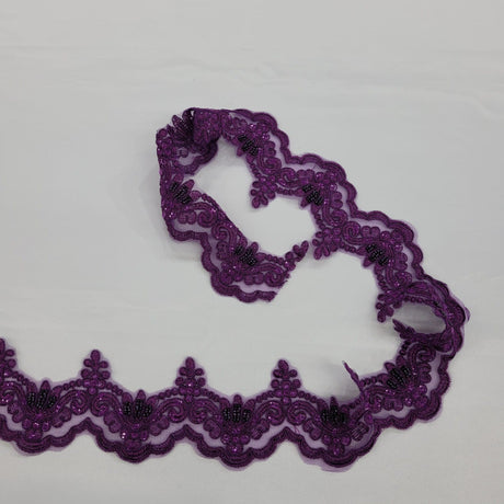 Beaded Corded Lace Trimming 100 Percent Polyester Net Mesh Fabric - Embroidered, 3" Wide, Multiple Colors (1 Yard)