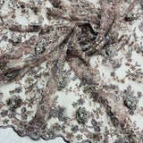 1 Yard Beaded Rhinestone 3D Floral Lace Fabric Embroidered 100 Percent Polyester Net Mesh 50 inch Width