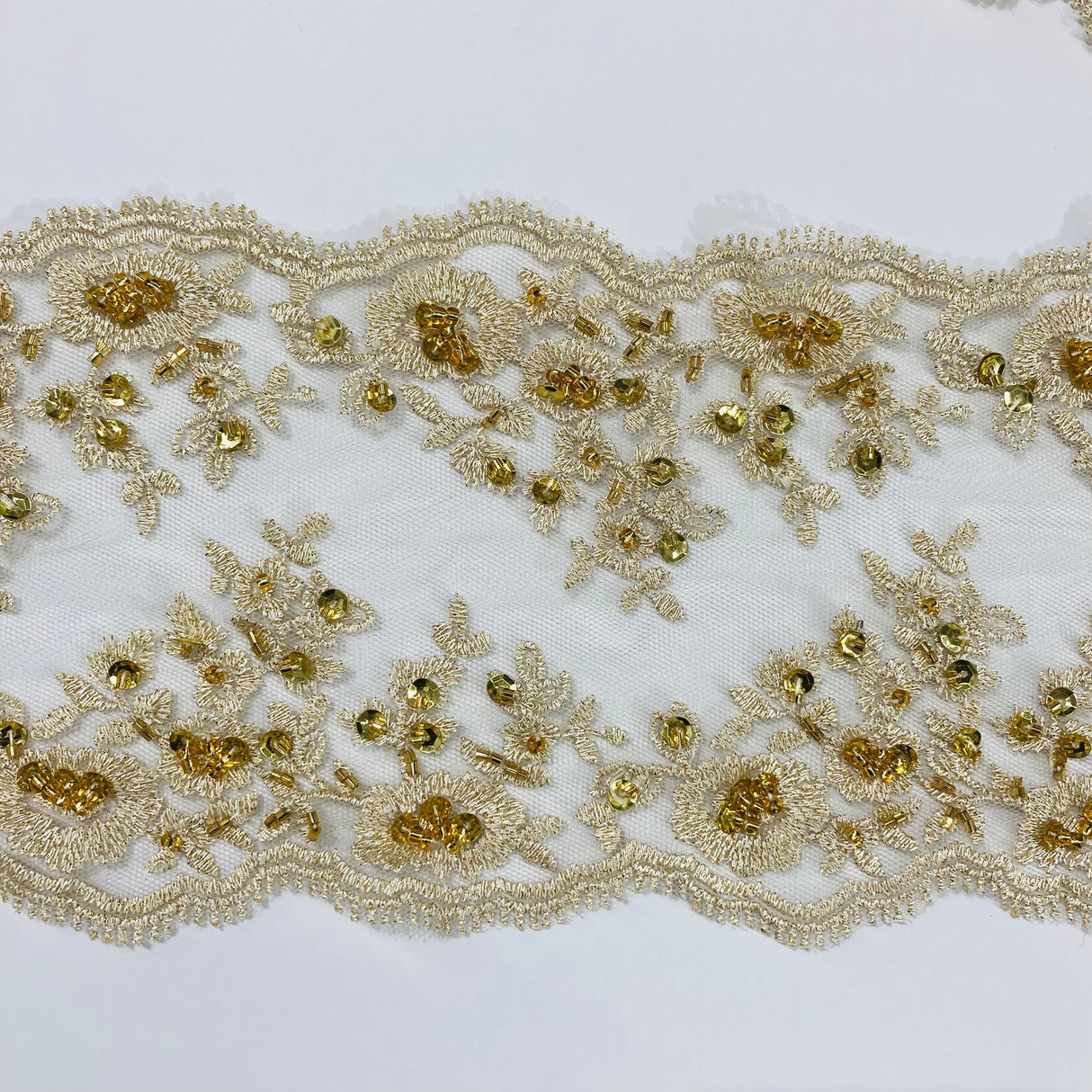 Beaded Double Sided Lace Trimming Embroidered On 100 Percent Polyester Net Mesh Fabric - Gold, Ivory, Silver, White, 5" Width (1 Yard)