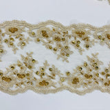 Beaded Double Sided Lace Trimming Embroidered On 100 Percent Polyester Net Mesh Fabric - Gold, Ivory, Silver, White, 5" Width (1 Yard)