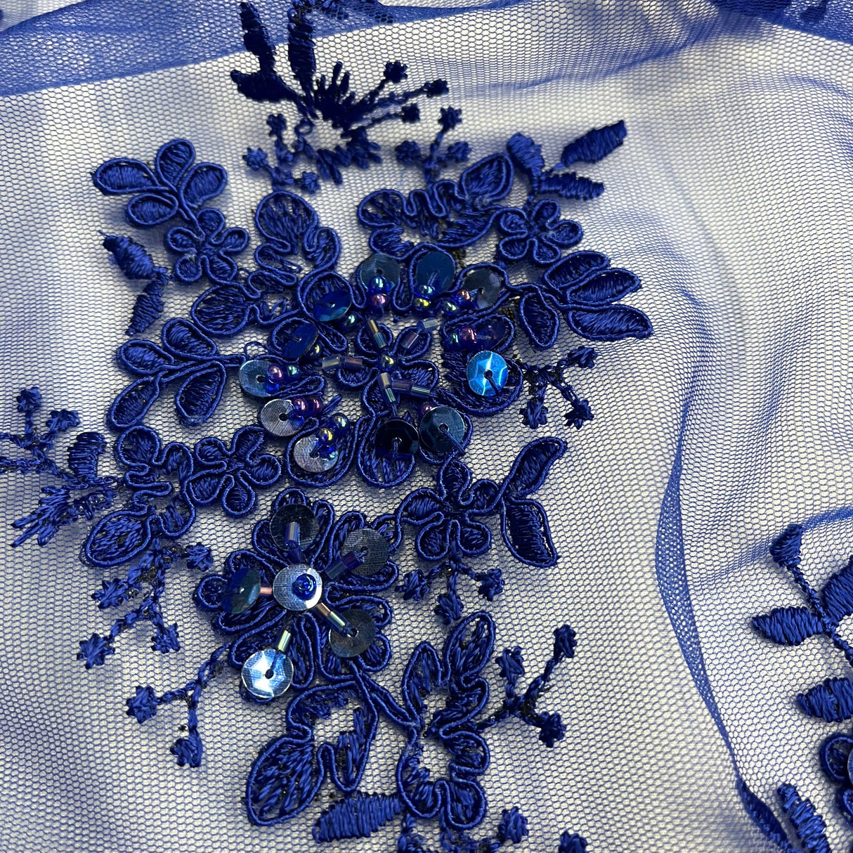 Beaded Corded Lace Fabric on Polyester Net Mesh