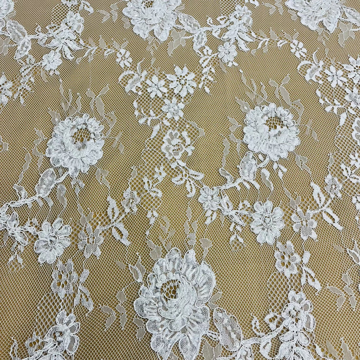 Beaded Chantilly Floral Lace White