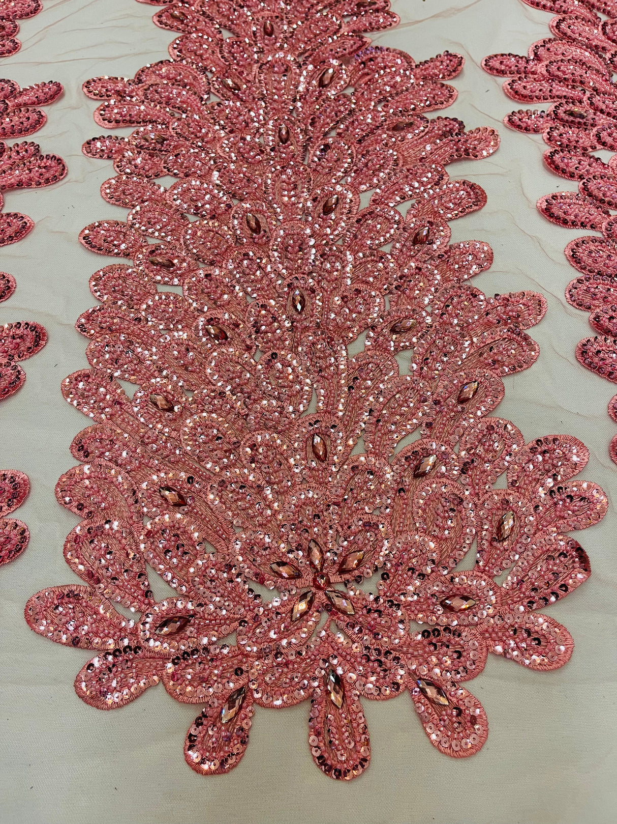 New Vegas Heavy Beaded Feather Design Embroidery Mesh Fabric - Beaded Feather Design, 11" Width, 50" Length (1 Panel)