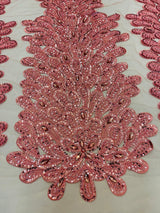 New Vegas Heavy Beaded Feather Design Embroidery Mesh Fabric - Beaded Feather Design, 11" Width, 50" Length (1 Panel)