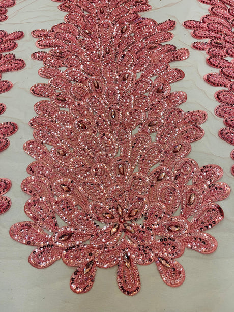 New Vegas Heavy Beaded Feather Design Embroidery Mesh Fabric - Beaded Feather Design, 11" Width, 50" Length (1 Panel)