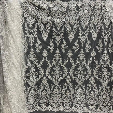 1 Yard Beaded & Sequined Lace Fabric Embroidered on 100% Polyester Net Mesh