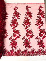 Scarlet 3D Floral Design Lace Fabric - Embroidered Beaded Mesh Lace, Double Scallop, 54" Width (1 Yard)