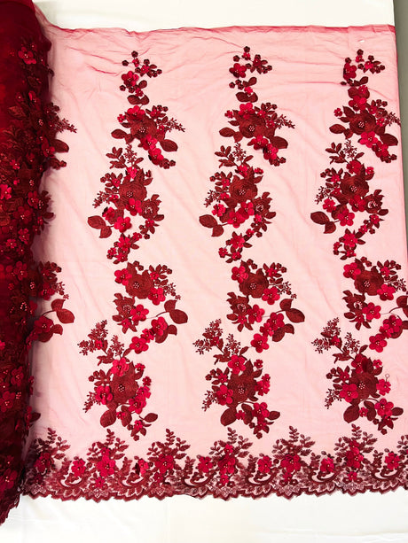 Scarlet 3D Floral Design Lace Fabric - Embroidered Beaded Mesh Lace, Double Scallop, 54" Width (1 Yard)