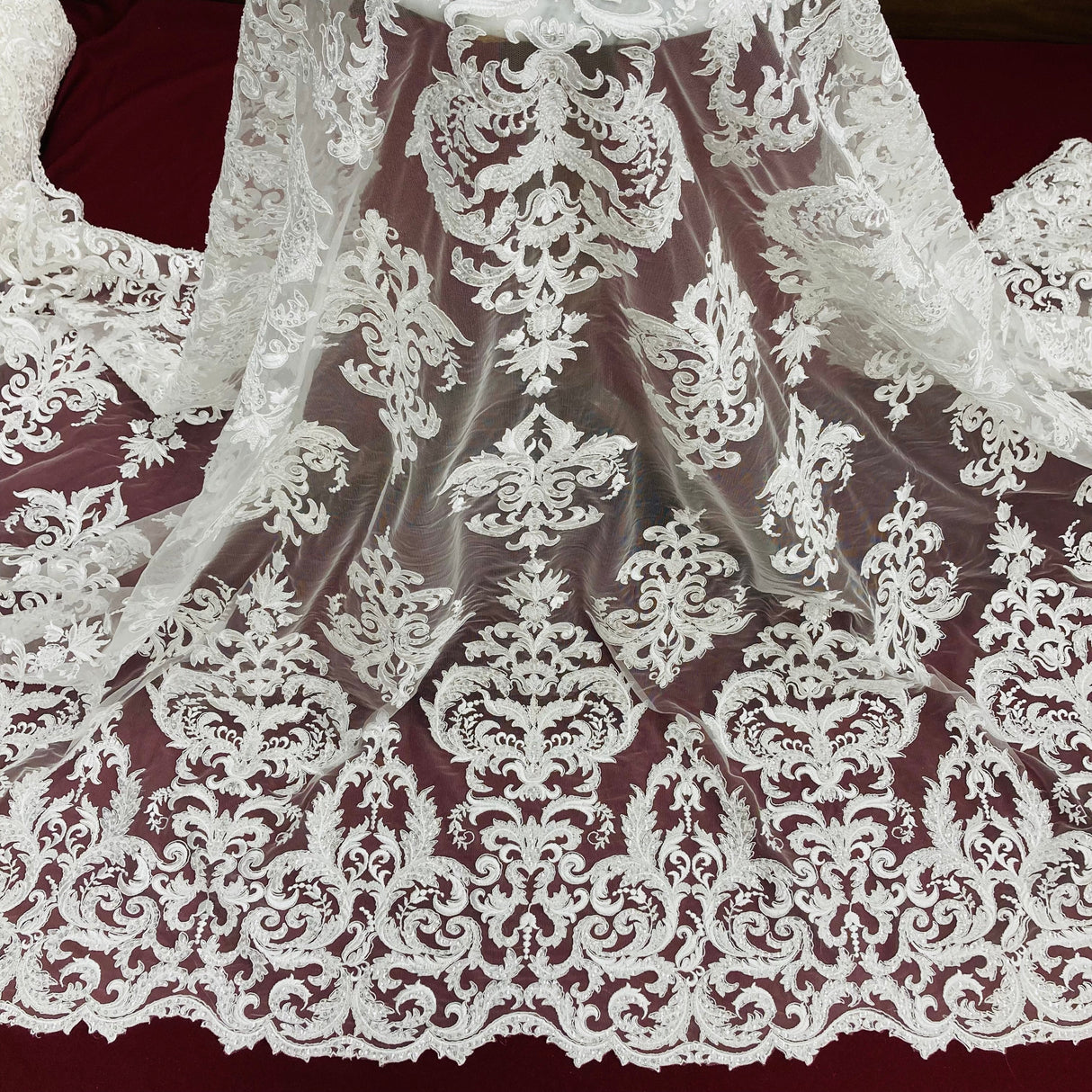 Beaded Corded Lace Fabric Embroidered on 100% Polyester Net Mesh
