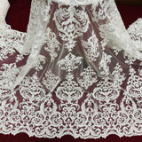 Beaded Corded Lace Fabric Embroidered on 100% Polyester Net Mesh