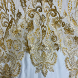 1 Yard Beaded Corded Bridal Lace Fabric Embroidered on 100 Percent Polyester Net Mesh Gold