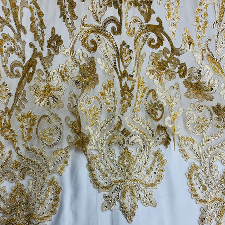 1 Yard Beaded Corded Bridal Lace Fabric Embroidered on 100 Percent Polyester Net Mesh Gold