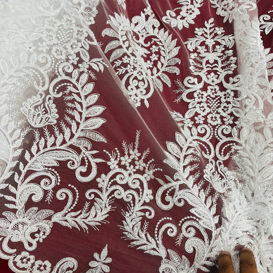 1 Yard Beaded Corded Bridal Lace Fabric Embroidered 100 Percent Polyester Net Mesh 52 inch Width