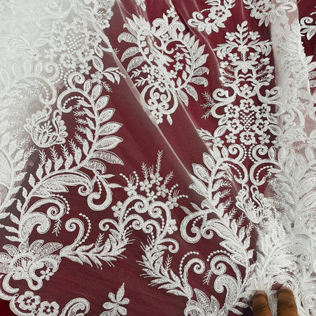 1 Yard Beaded Corded Bridal Lace Fabric Embroidered 100 Percent Polyester Net Mesh 52 inch Width