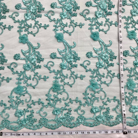 1 Yard Beaded 3D Floral Lace Fabric Embroidered on 100 Percent Polyester Net Mesh White 52 inch Width