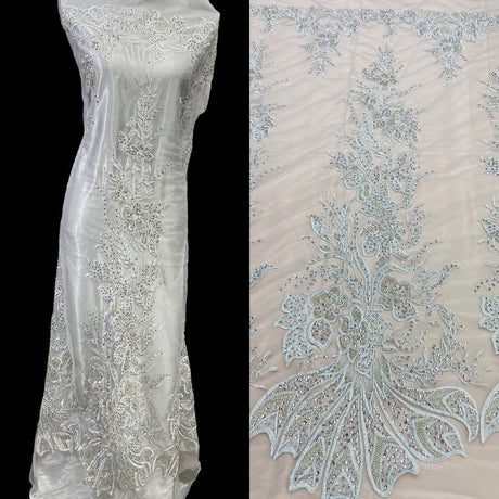 1 Yard Beaded Sequined Lace Fabric Embroidered on 100 Percent Polyester Net Mesh 50 Inch Width
