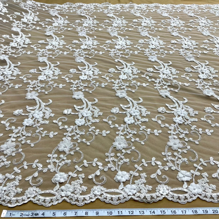 1 Yard Beaded 3D Floral Lace Fabric Embroidered on 100 Percent Polyester Net Mesh White 52 inch Width