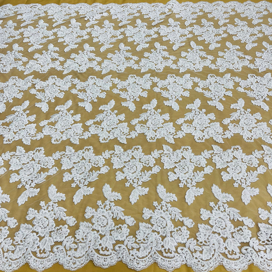 1 Yard Ivory Beaded and Corded Bridal Lace Fabric Embroidered on Polyester Net Mesh 51 Inch Width
