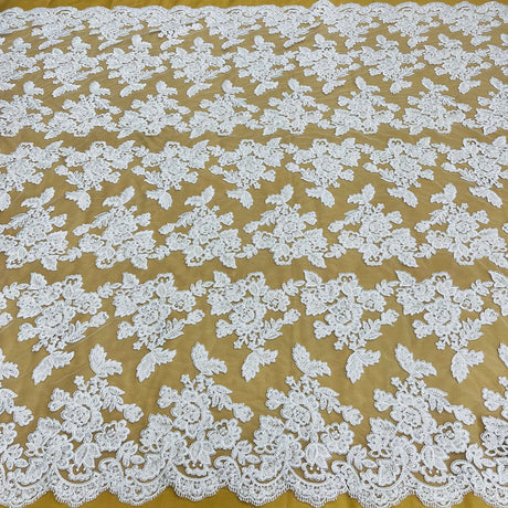 1 Yard Ivory Beaded and Corded Bridal Lace Fabric Embroidered on Polyester Net Mesh 51 Inch Width