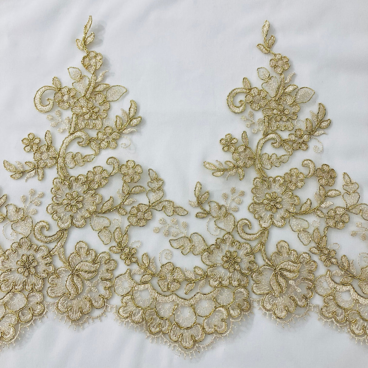Floral Corded Embroidered Lace Trim Polyester Fabric - Scalloped Edge, 11" Width, Gold, Ivory, Silver, White (1 Yard)