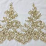 Floral Corded Embroidered Lace Trim Polyester Fabric - Scalloped Edge, 11" Width, Gold, Ivory, Silver, White (1 Yard)