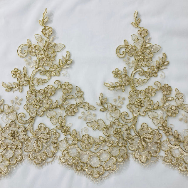 Floral Corded Embroidered Lace Trim Polyester Fabric - Scalloped Edge, 11" Width, Gold, Ivory, Silver, White (1 Yard)