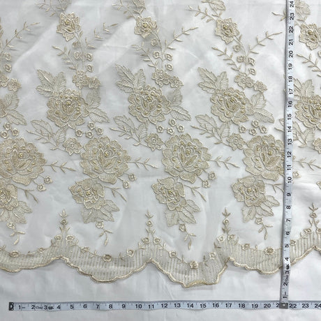 1 Yard Silver Beaded Embroidered Lace Fabric on Polyester Net Mesh for Bridal and Evening Couture – 52"