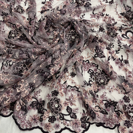 1 Yard Beaded Rhinestone 3D Floral Lace Fabric Embroidered 100 Percent Polyester Net Mesh 50 inch Width