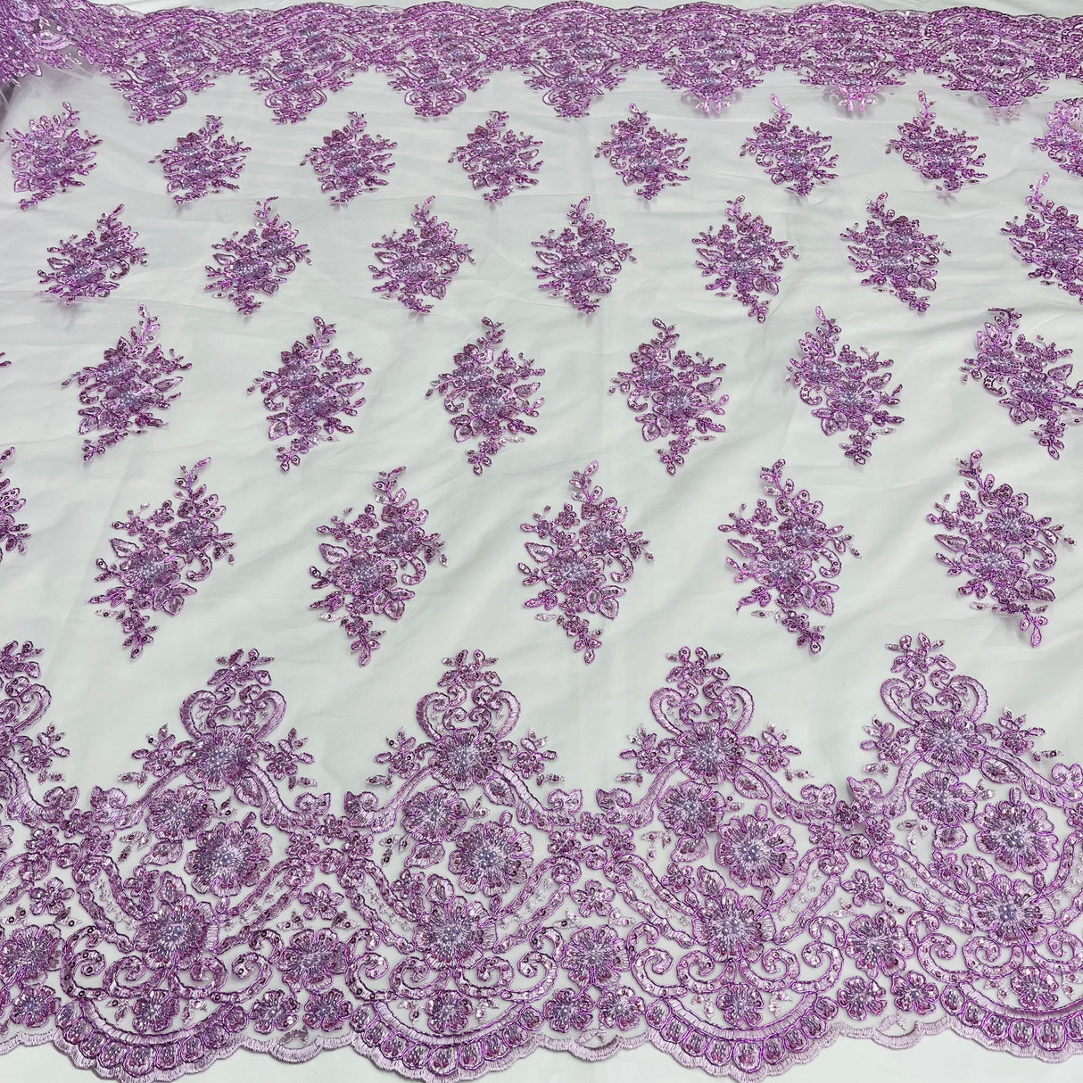 Beaded Corded Lace Fabric With Scallops