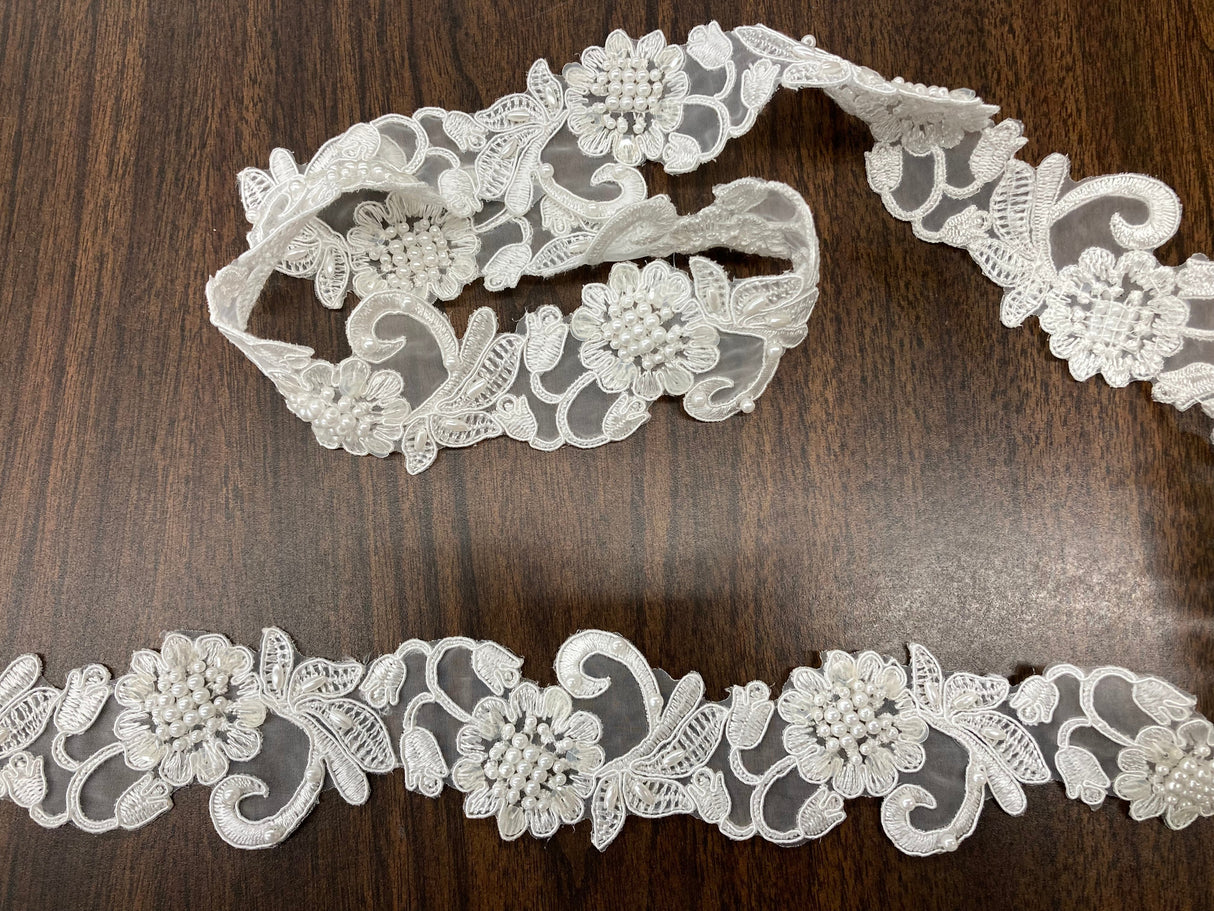 Beaded Corded Lace Trimming Embroidered On 100 Percent Polyester Organza Fabric - 2" Width, 21 Colors (1 Yard)
