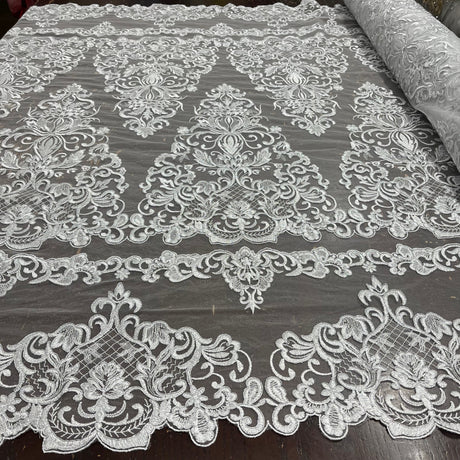 Embroidered Corded Bridal Lace Ivory Mesh