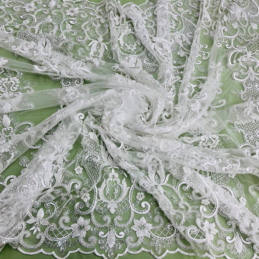 1 Yard Beaded and Sequined Lace Fabric Embroidered on Polyester Net Mesh White and Ivory