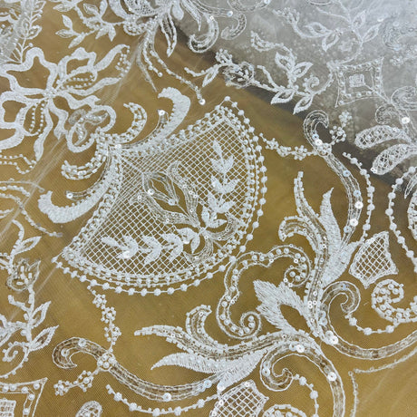 Beaded Lace Fabric on Polyester Net Mesh